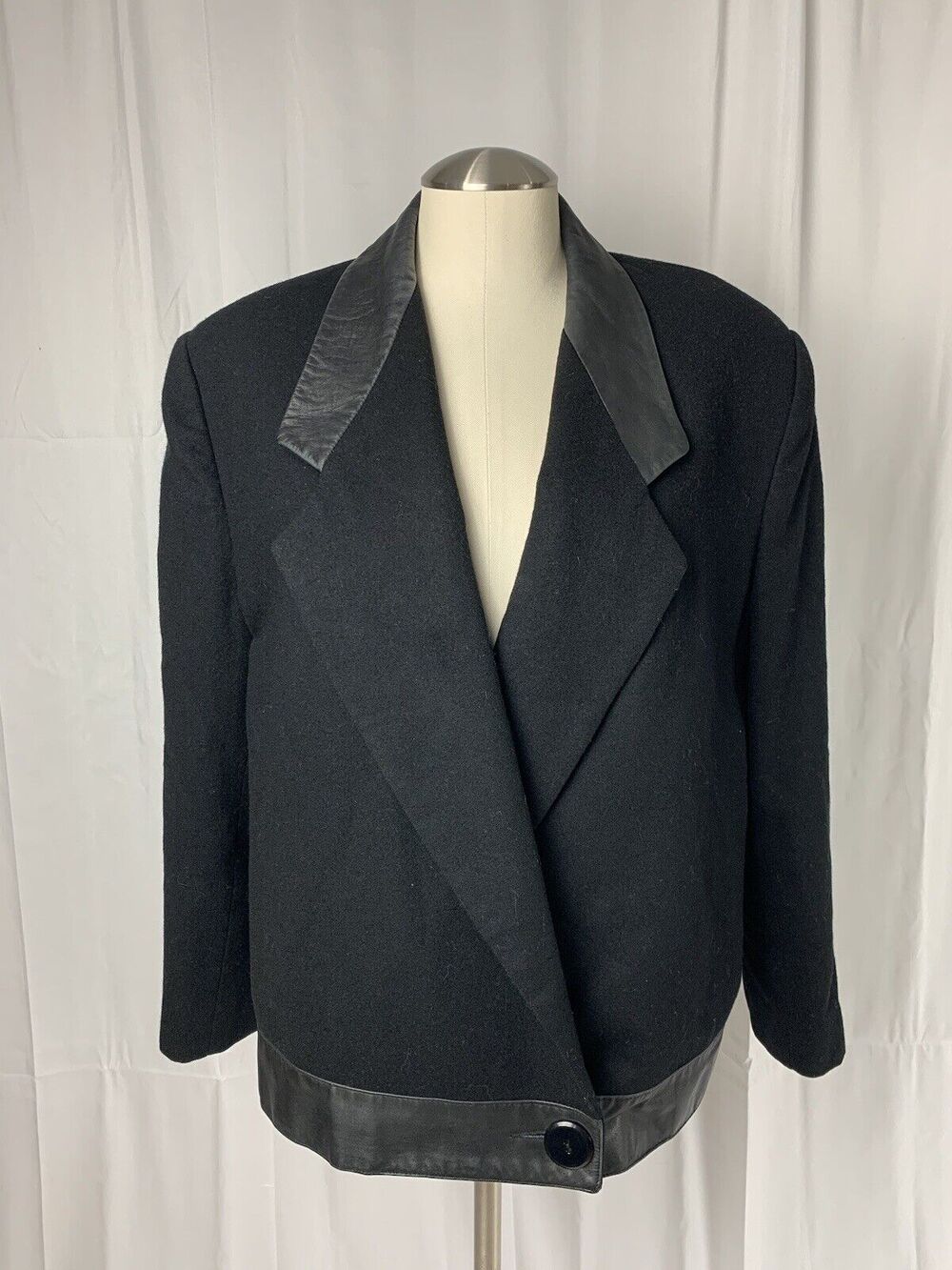 ADOLFO 100% Wool Black Lined Button Blazer Jacket Suit Coat Leather Trim 10 VTG